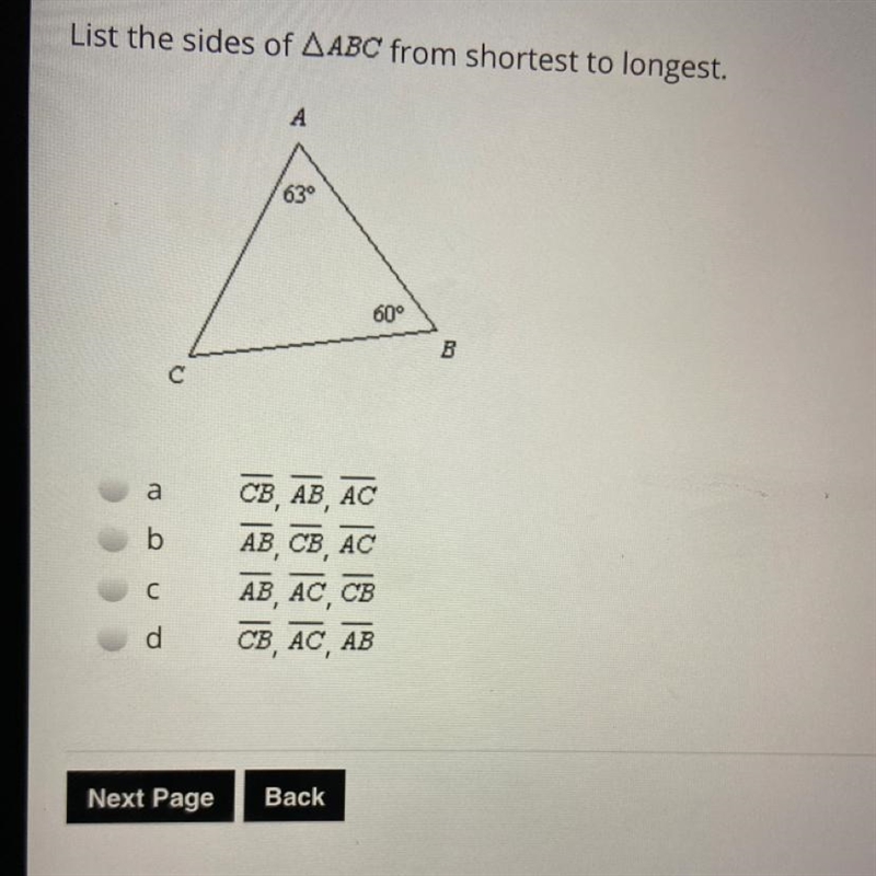 List the sides of ABC from shortest to longest.CB AB ACАВ, СВ, АСАВ, АС, СВCB AC AB-example-1