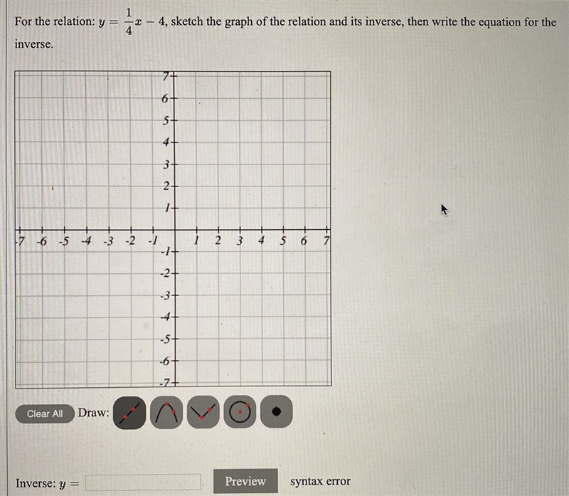 For the relation: y=1/4 x-4, sketch the graph of the relation and its inverse, then-example-1