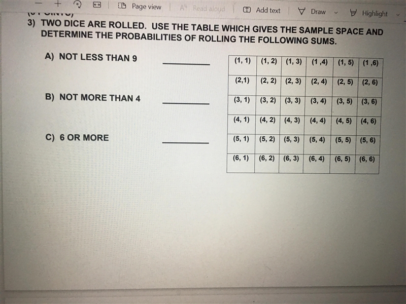 TWO DICE ARE ROLLED. USE THE TABLE WHICH GIVES THE SAMPLE SPACE AND DETERMINE THE-example-1