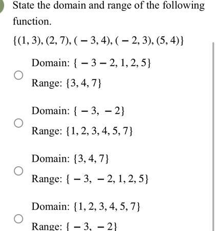 State the domain and range of the followingfunction.{(1, 3), (2, 7), (3, 4), (2, 3), (5,4)}Domain-example-1