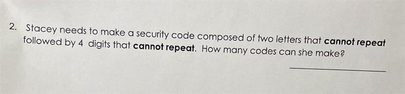 Stacy needs to make a security code composed of two letters that cannot repeat followed-example-1