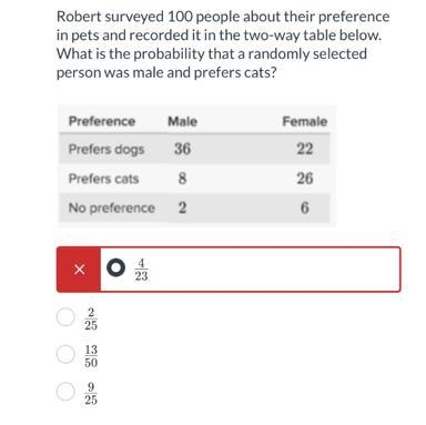 Robert surveyed 100 people about their preference in pets and recorded it in the two-example-1