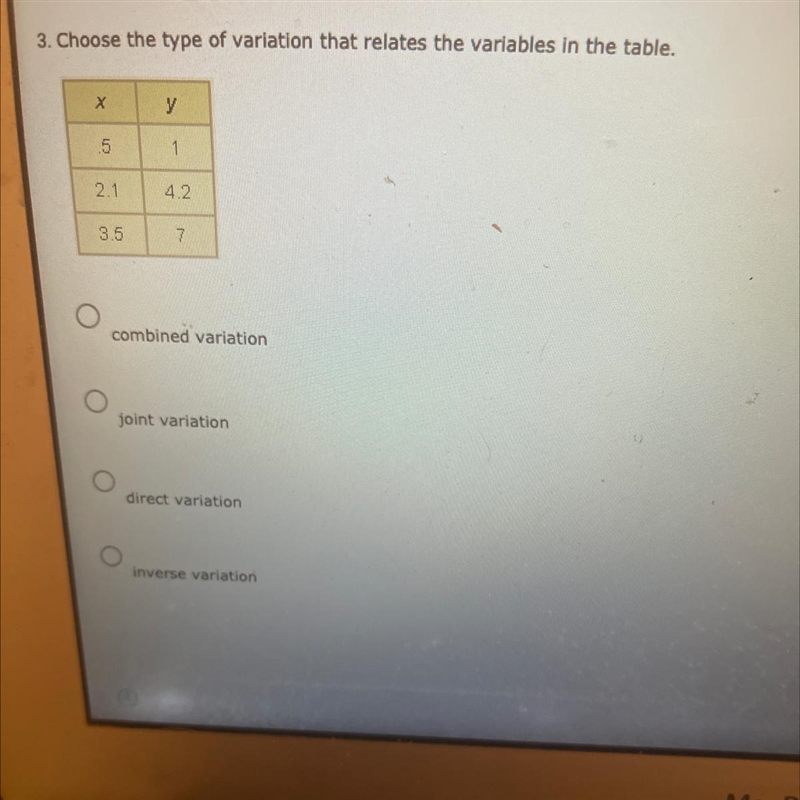 3. Choose the type of variation that relates the variables in the table.хy512.14.23.57combined-example-1