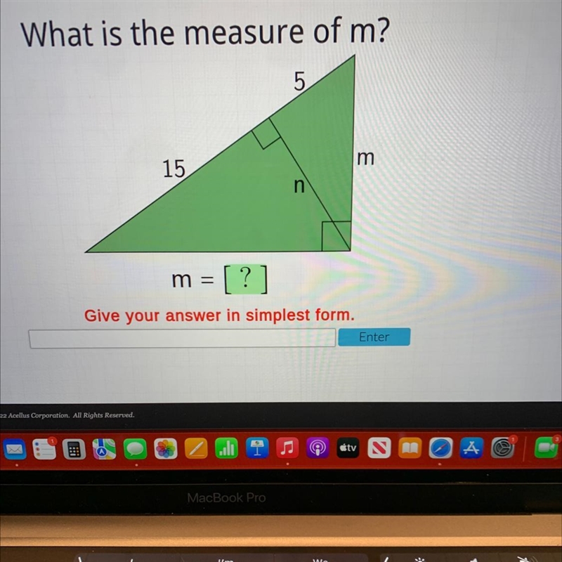 What is the measure of m?5m15nmm = [ ?]Give your answer in simplest form.Enter-example-1