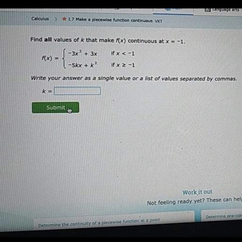 What are all the values of K that can make f(x) continuous at x = -1-example-1