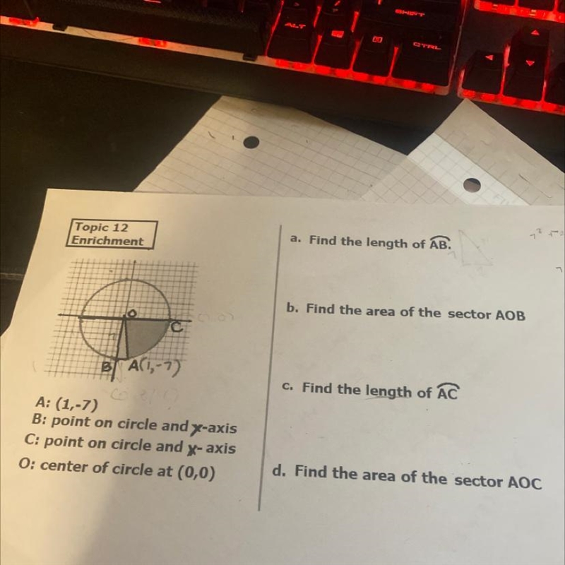 need help finding: a. Find the length of AB.b. Find the area of the sector AOBC. Find-example-1