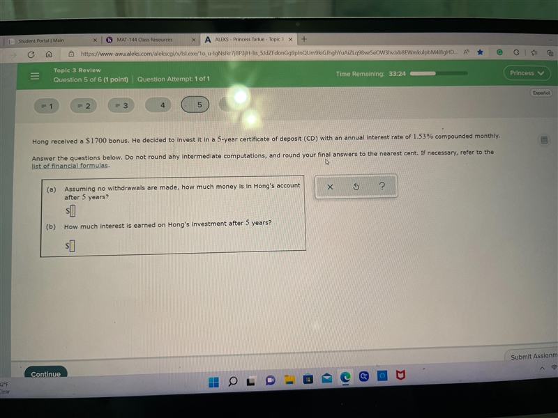 Hong received a $1700 bonus. He decided to invest it in a 5 year certificate of deposits-example-1