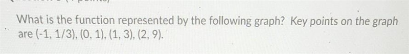 What is the function represented by the following graph key points are (-1,1/3),(0,1),(1/3),(2,9)-example-1