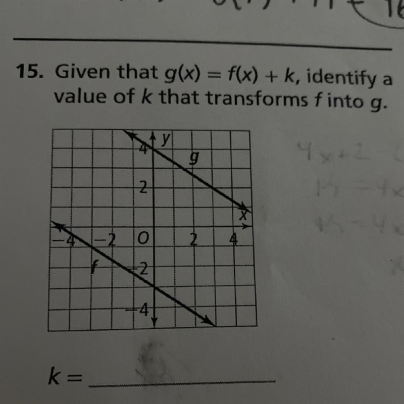 Given that g(x) = f(x) + k, identify a value of k that transforms f into g-example-1