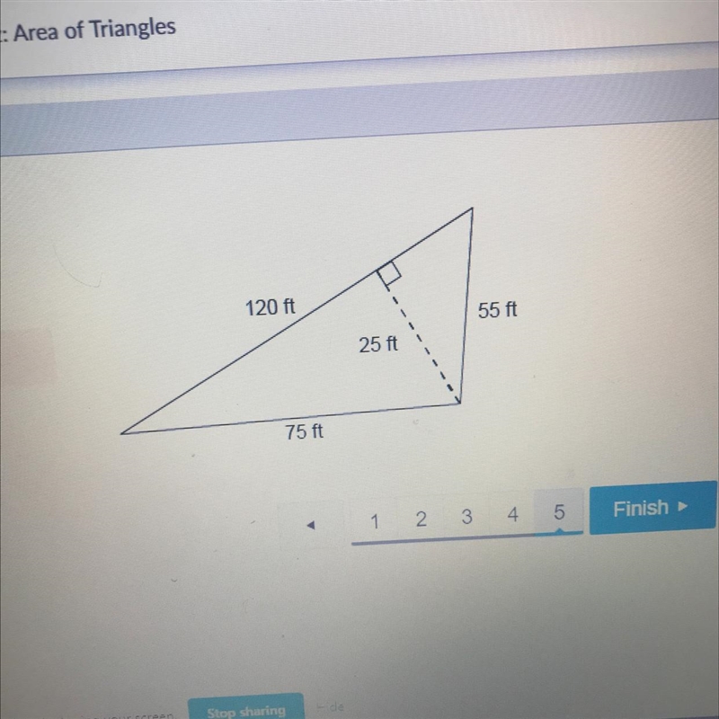 What is the area of this triangle? 1375 ft 120 ft 55 ft • 1500 12 25 ft 3300 4500 75 ft-example-1