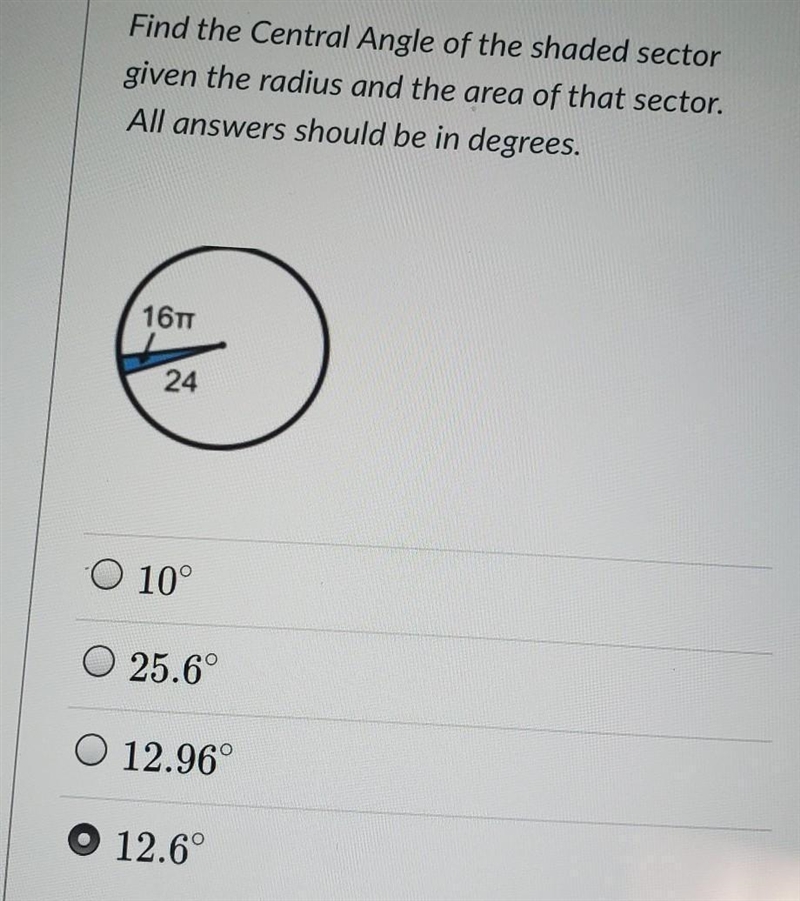 Find the central angle of the Shaded sector given the radius and the area of that-example-1