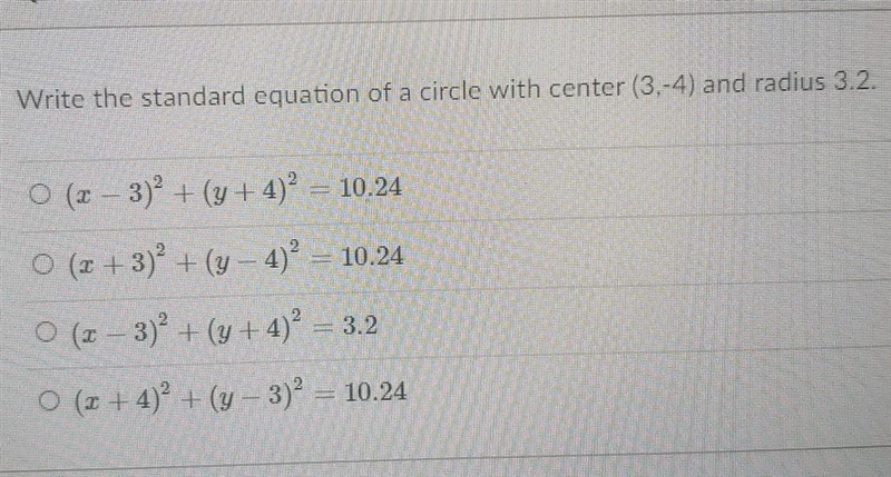 "Write the standard equation of a circle with center (3,-4) and radius 3.2&quot-example-1