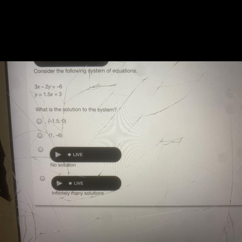 3x – 2y = -6 y = 1.5x + 3 What is the solution to the system-example-1