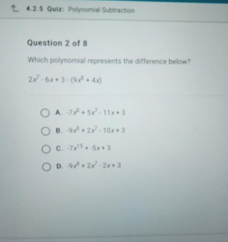 Which polynomial represents the difference below? 2x^7 - 6x+ 3 - (9x^8 + 4x)-example-1