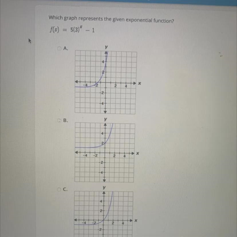 Which graph represents the given exponential function?5(3)" - 1A.y14+1х-42NN-example-1