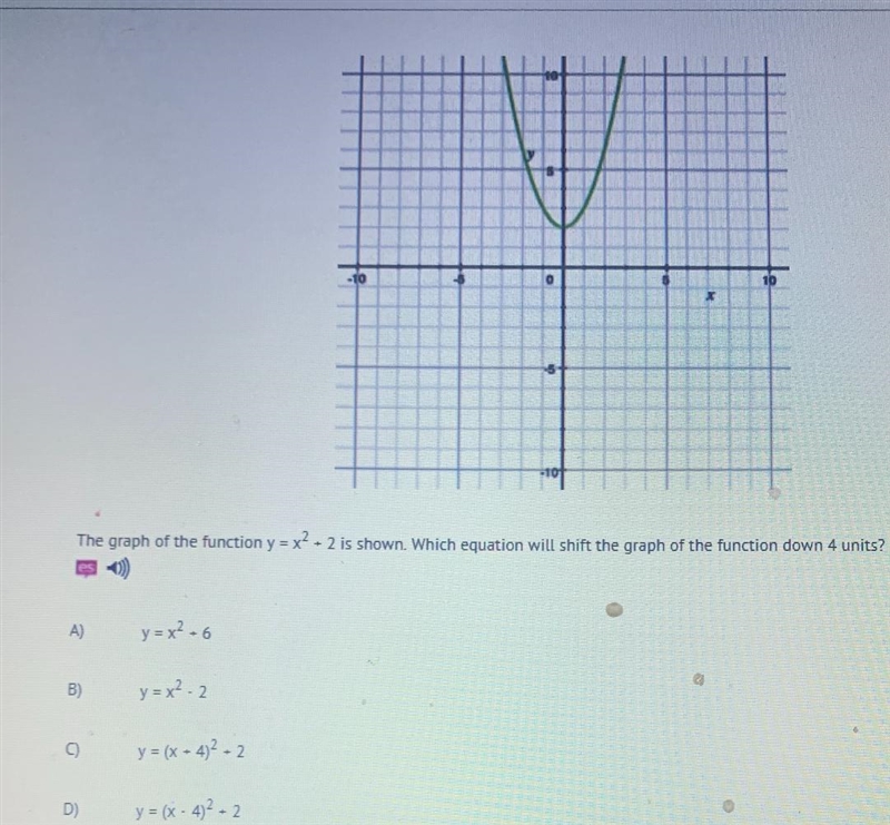 4Save-10010The graph of the function y = x + 2 is shown. Which equation will shift-example-1