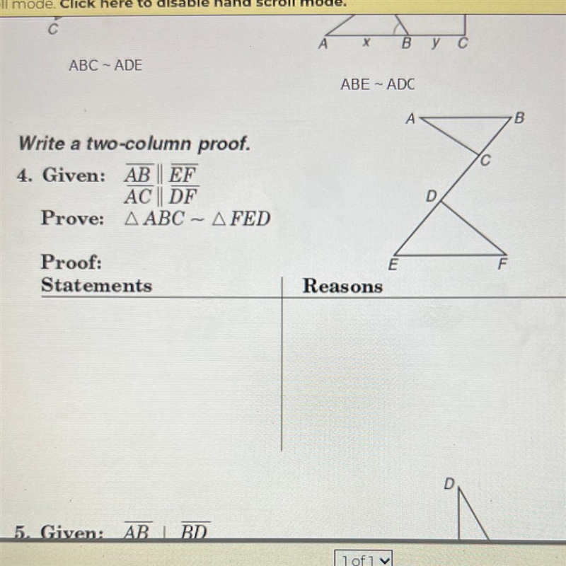 Write a two-column proof. 4. Given: AB EF AC DF Prove: ABC ~ FED Please help-example-1