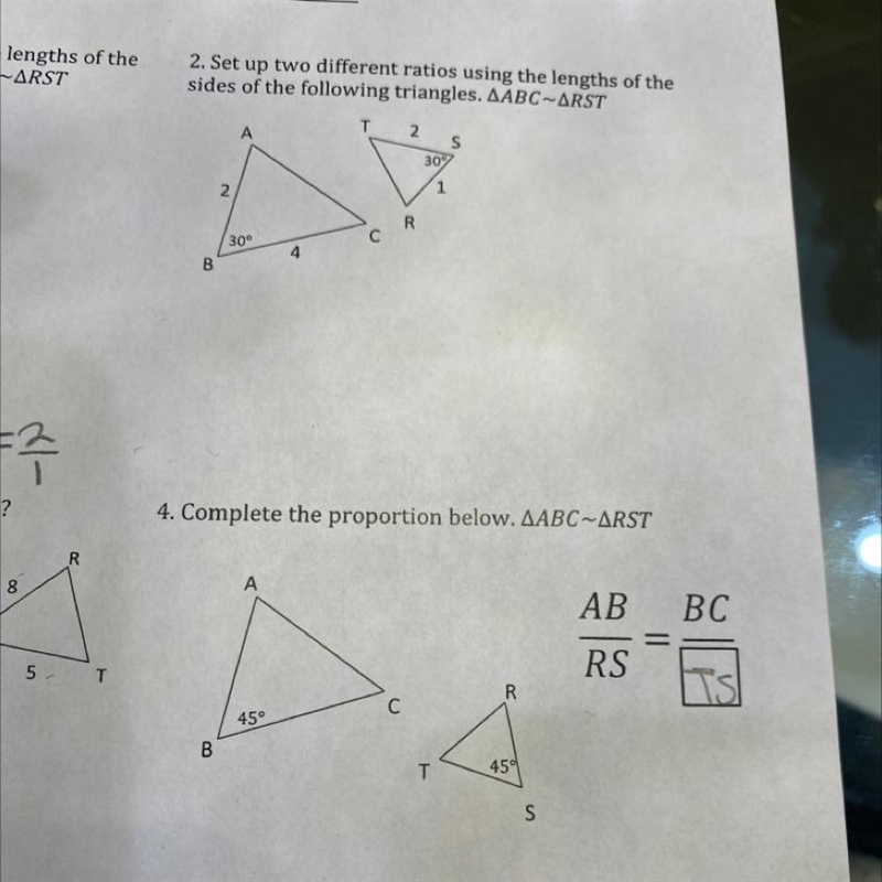 2. Set up two different ratios using the lengths of thesides of the following triangles-example-1