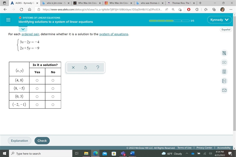 For each ordered pair, determine whether it is a solution to the sytem of equations-example-1