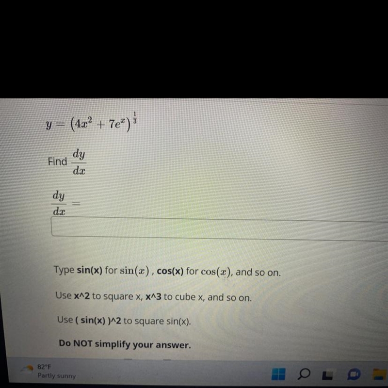 Y = (4x ^ 2 + 7e ^ x) ^ (1/3); Find * (dy)/(dx)-example-1