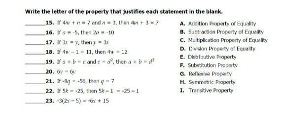 I have to write the letter of the property of equialitu that justifies each statement-example-1