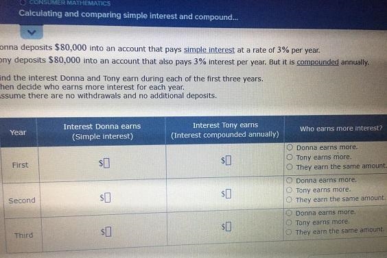 Donna deposits $80,000 into an account that pays simple interest at a rate of 3% per-example-1