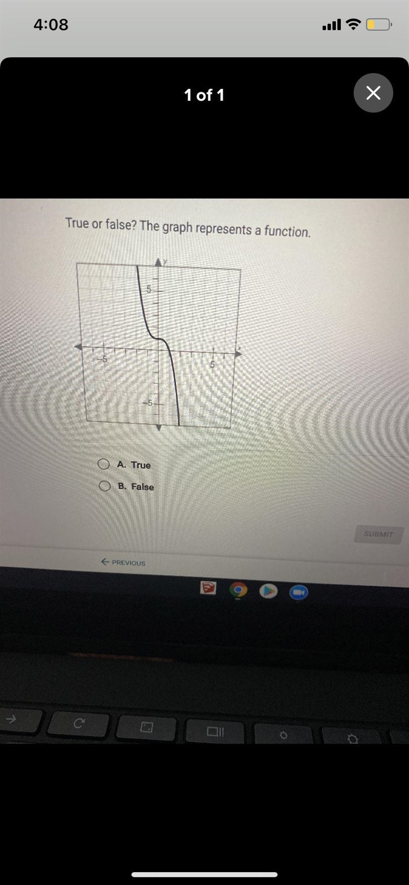 True or false? The graph represents a function,55A. TrueB. False-example-1