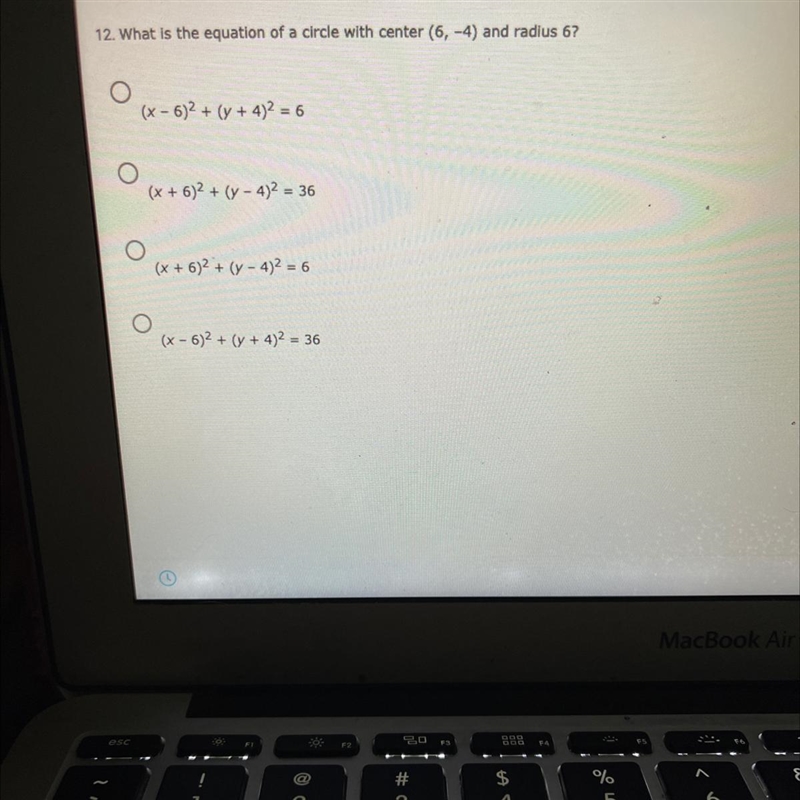 12. What is the equation of a circle with center (6,-4) and radius 6?(x - 6)2 + (y-example-1