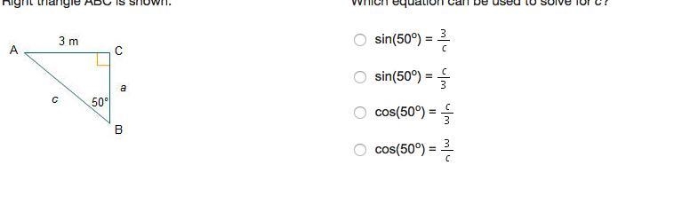 Right triangle ABC is shown. What equation can be used to solve for c?-example-1