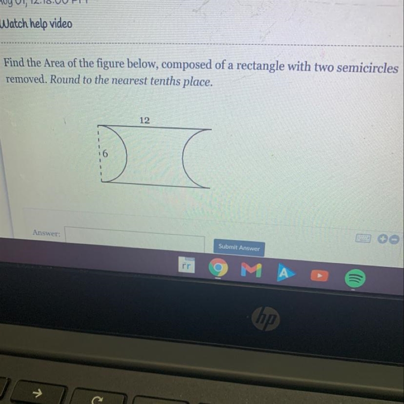 Find the area of the figure below, composed of a rectangle with two semicircles removed-example-1