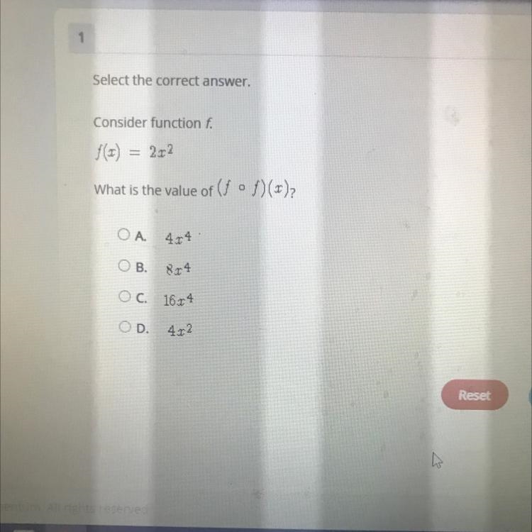 *Will give 30pts*Consider function f. f(x)=2x^2.What is the value of (f•f)(x)?-example-1