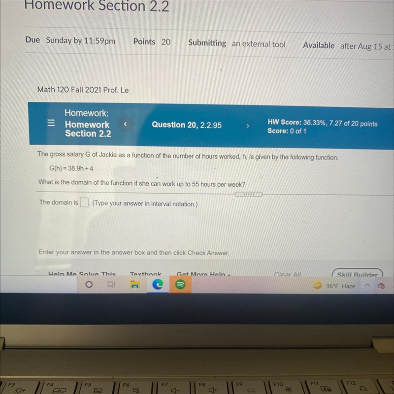 G(h) = 38.9h +4What is the domain of the function if she can work up to 55 hours per-example-1