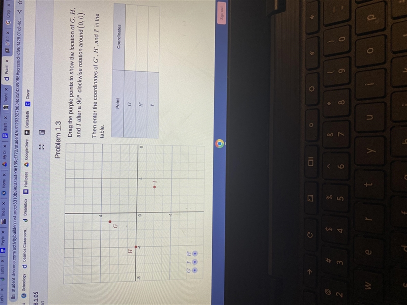 Drag the purple points to show the location of G, H, and I after a 90° clockwise rotation-example-1