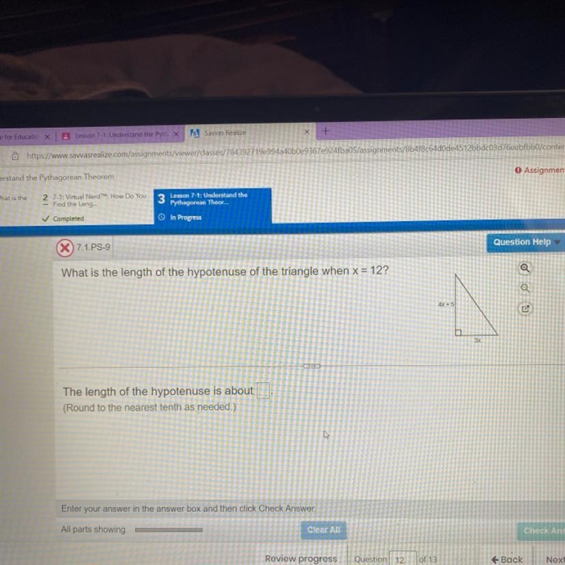 What is the length of the hypotenuse of the triangle when x = 12? 4x + 5 3x-example-1