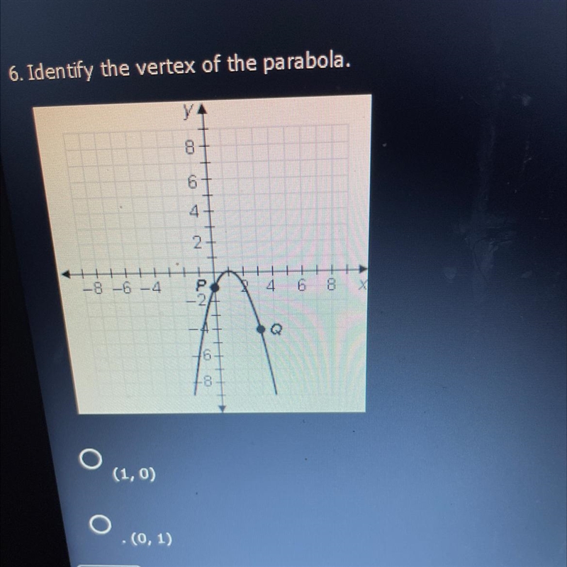 Identify the vertex of the parabola A. (1,0) B. (0,1) C. (-1,0)D. (0,-1)-example-1