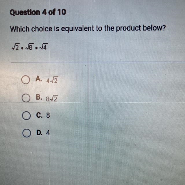 Which choice is equivalent to the product below? 2.-6. O A. 42 OB. 85 O C. 8 O D. 4-example-1