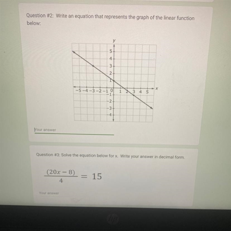 Question #2: Write an equation that represents the graph of the linear function below-example-1