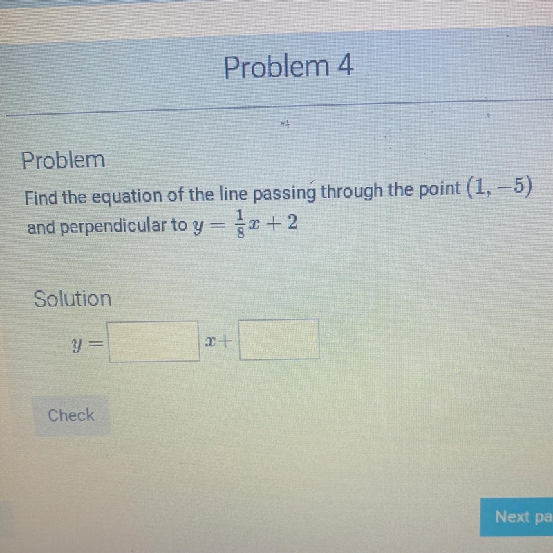 Find the equation of the line passing through point (1,-5) and perpendicular to y-example-1