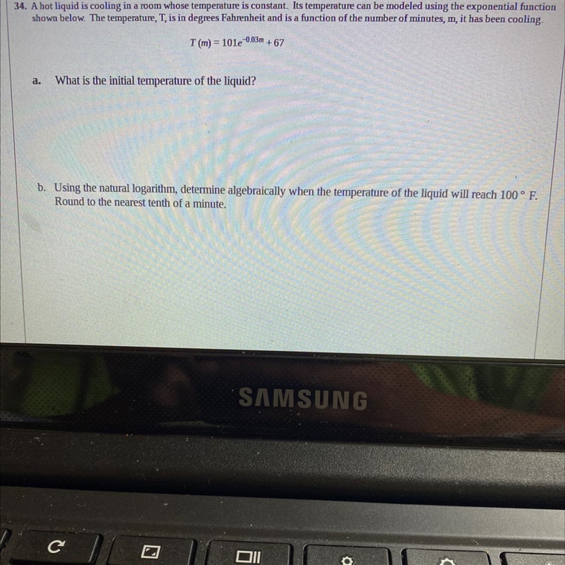 What is the initial temperature of the liquid and when is the temperature at 100°F-example-1