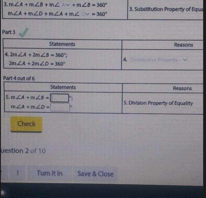 Part 4 out of 6 Statements Reasons 5.mZA +mZB = mZA +mZDE 5. Division Property of-example-1