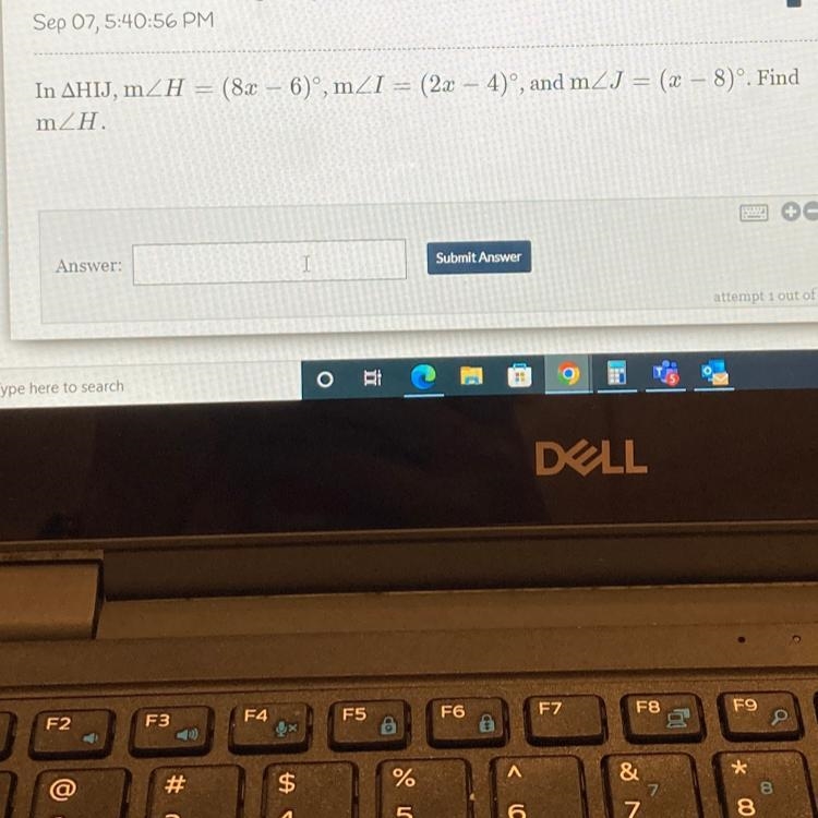 - In AHIJ, m/H = (8x − 6)˚, m≤I = (2x − 4)°, and mZJ = (x − 8)˚. Find m/H.-example-1