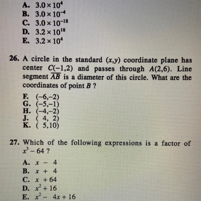 26. A circle in the standard (x,y) coordinate plane hascenter C(-1,2) and passes through-example-1