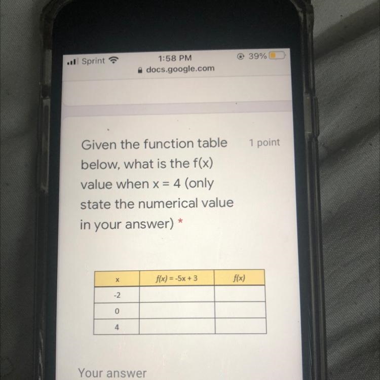 1 poinGiven the function tablebelow, what is the f(x)value when x = 4 (onlystate the-example-1