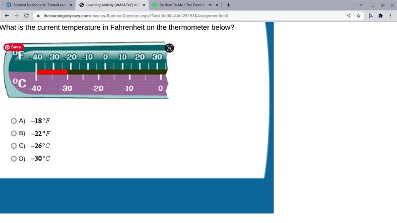 What is the current temperature in Fahrenheit on the thermometer below? A. B. C. D-example-1