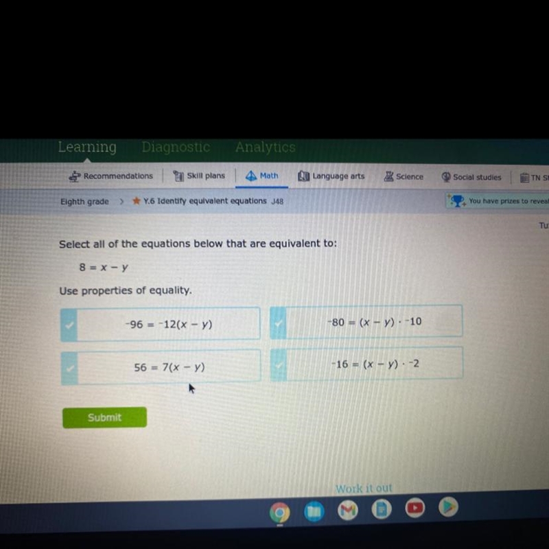 Select all of the equations below that are equivalent to 8 = x - y-example-1