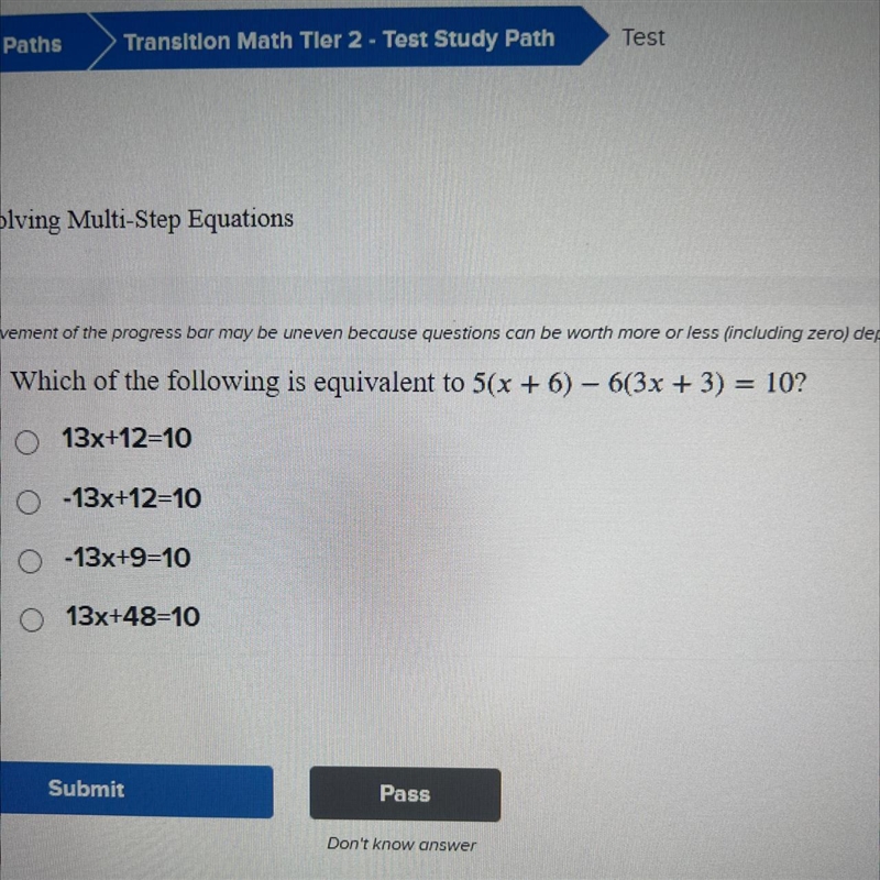 Which of the following is equivalent to 5(x+6)-6(3x+3)=10-example-1