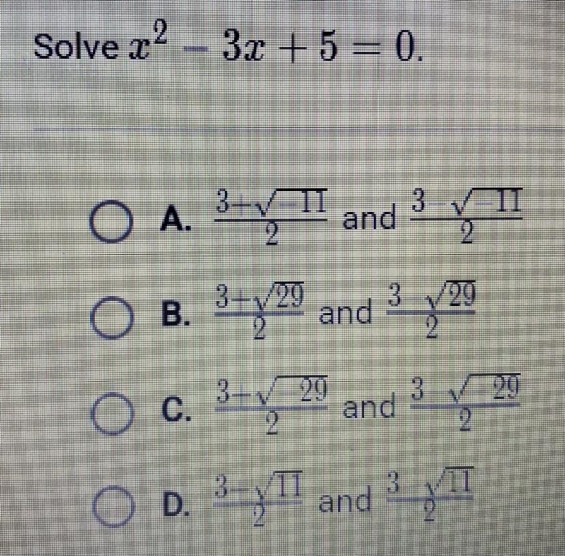 Solve x^2 - 3x + 5 = 0.-example-1