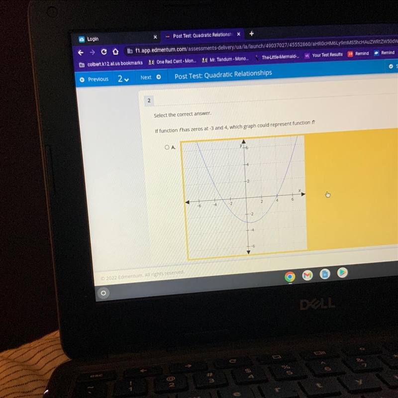 If function f has zeros at -3 and 4 , which graph could represent function f.-example-1