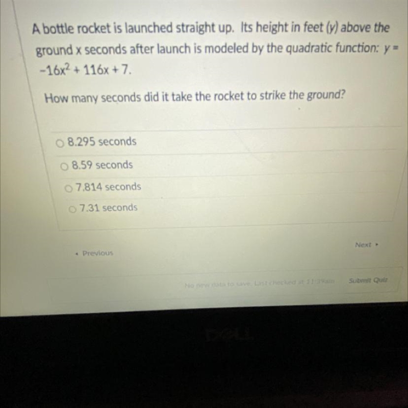 A bottle rocket is launched straight up. Its height in feet (y) above theground x-example-1