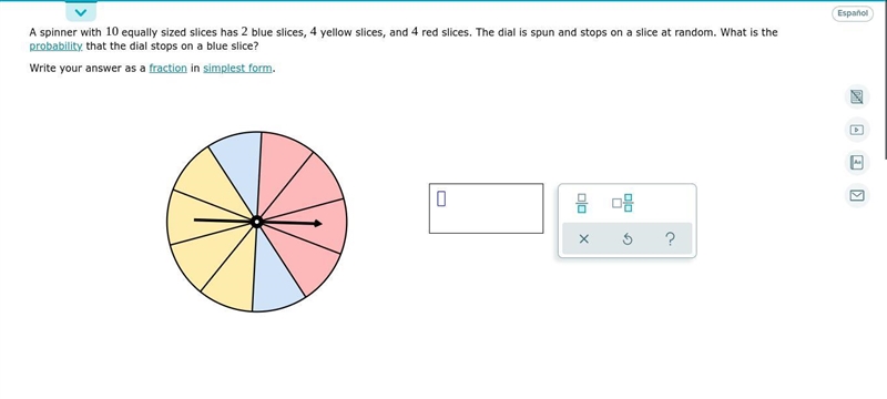 A spinner with 10 equally sized slices has 2 blue slices, 4 yellow slices, and 4 red-example-1